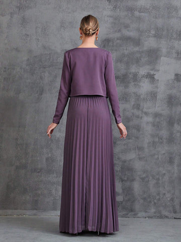 Women's Sleeveless Pleat Hem Chiffon Party Dress&Long Sleeve Chiffon Cardigan