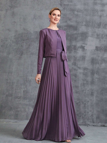 Women's Sleeveless Pleat Hem Chiffon Party Dress&Long Sleeve Chiffon Cardigan