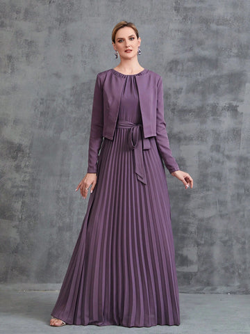 Women's Sleeveless Pleat Hem Chiffon Party Dress&Long Sleeve Chiffon Cardigan