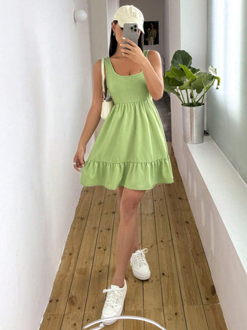 Women's Sleeveless Ribbed Knit Square Neck Patchwork Dress