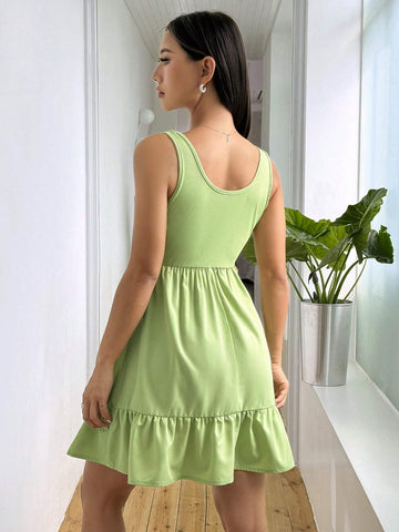 Women's Sleeveless Ribbed Knit Square Neck Patchwork Dress