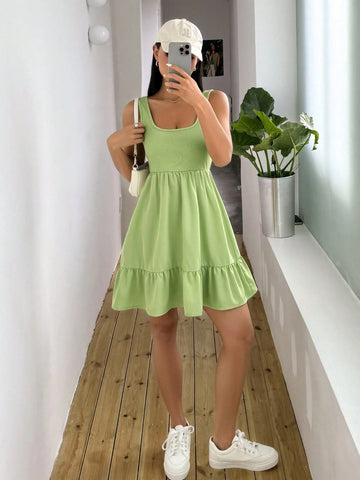 Women's Sleeveless Ribbed Knit Square Neck Patchwork Dress