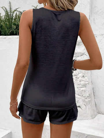 Women's Sleeveless Round Neck Vest And Short Sleeve Tee Set, Suitable For Summer