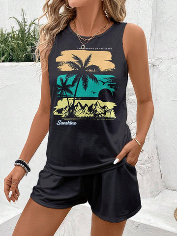 Women's Sleeveless Round Neck Vest And Short Sleeve Tee Set, Suitable For Summer