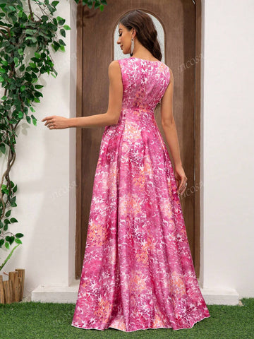 Women's Sleeveless Slit Satin Print Floor Length Formal Evening Dress