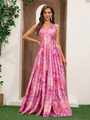 Women's Sleeveless Slit Satin Print Floor Length Formal Evening Dress