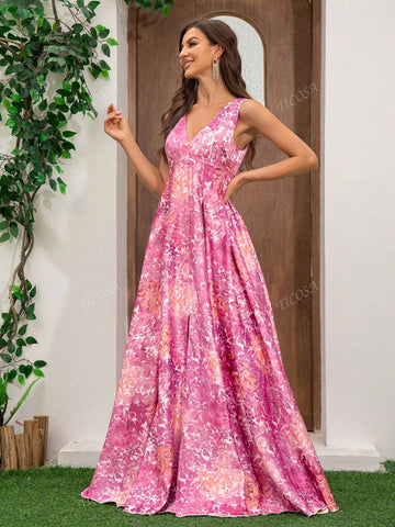 Women's Sleeveless Slit Satin Print Floor Length Formal Evening Dress