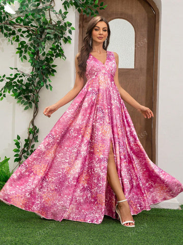 Women's Sleeveless Slit Satin Print Floor Length Formal Evening Dress