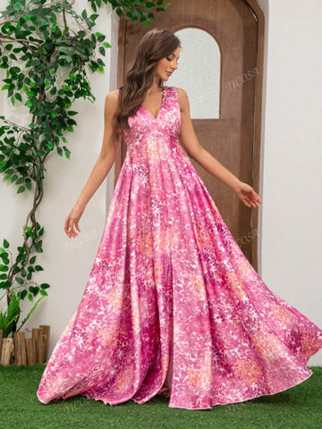 Women's Sleeveless Slit Satin Print Floor Length Formal Evening Dress