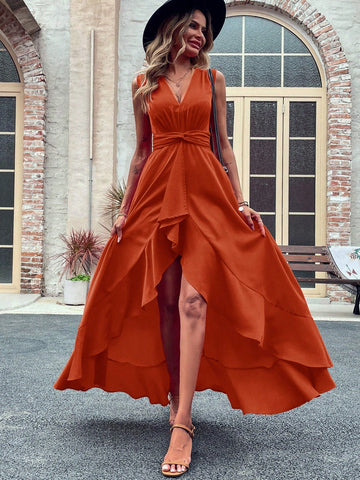 Women's Sleeveless Twist Knot Waist High Low Hem Dress