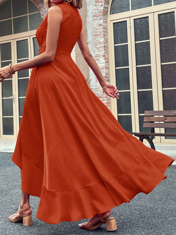 Women's Sleeveless Twist Knot Waist High Low Hem Dress