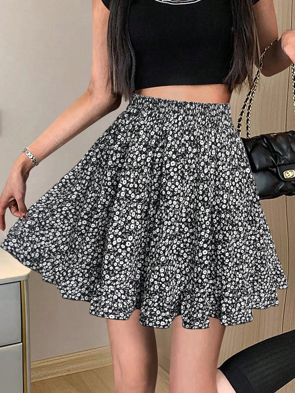 Women's Slim Fit Ditsy Floral A-Line Skirt, Fresh And Elegant Countryside Style