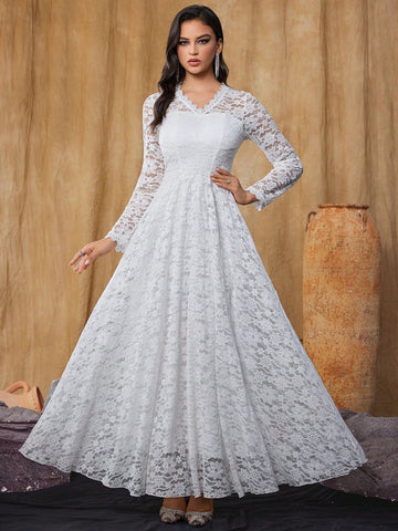 Women's Slim Fit Long Sleeve Lace Wedding Dress Long V Neck Dress