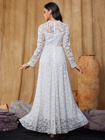 Women's Slim Fit Long Sleeve Lace Wedding Dress Long V Neck Dress