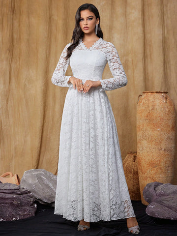 Women's Slim Fit Long Sleeve Lace Wedding Dress Long V Neck Dress