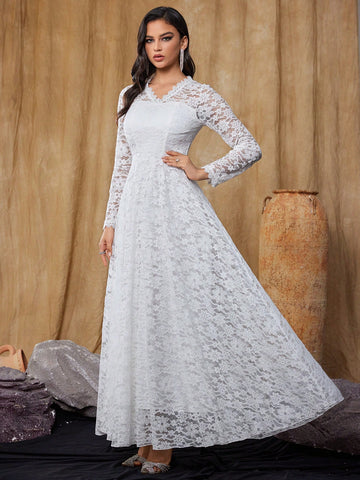 Women's Slim Fit Long Sleeve Lace Wedding Dress Long V Neck Dress