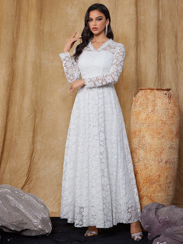 Women's Slim Fit Long Sleeve Lace Wedding Dress Long V Neck Dress