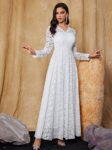Women's Slim Fit Long Sleeve Lace Wedding Dress Long V Neck Dress