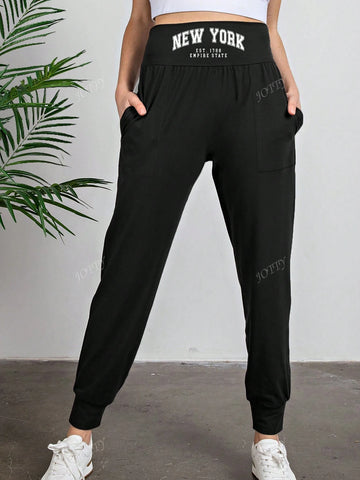 Women's Slogan Print Casual High Waist Splicing Slim Fit Ankle Pants