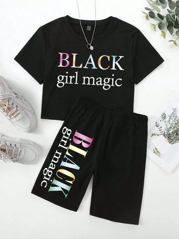 Women's Slogan Print Short Sleeve T-Shirt And Cycling Shorts Set