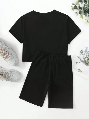 Women's Slogan Print Short Sleeve T-Shirt And Cycling Shorts Set