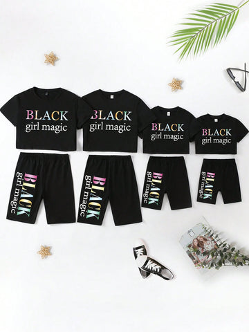 Women's Slogan Print Short Sleeve T-Shirt And Cycling Shorts Set