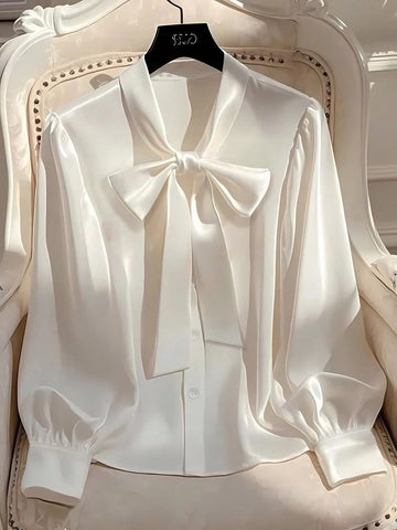 Women's Solid Button Up Tie Neck Blouse