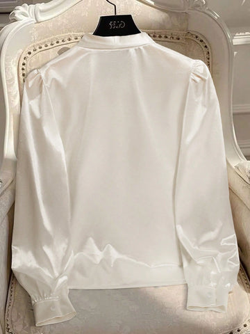 Women's Solid Button Up Tie Neck Blouse