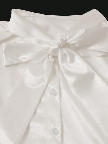 Women's Solid Button Up Tie Neck Blouse