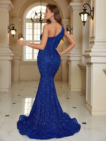 Women's Solid Color Asymmetric Neckline Sleeveless Party Prom Dress (Heavy Style)