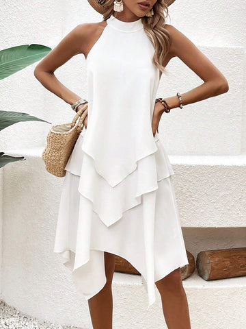 Women's Solid Color Asymmetrical Hem Halter Sleeveless Dress