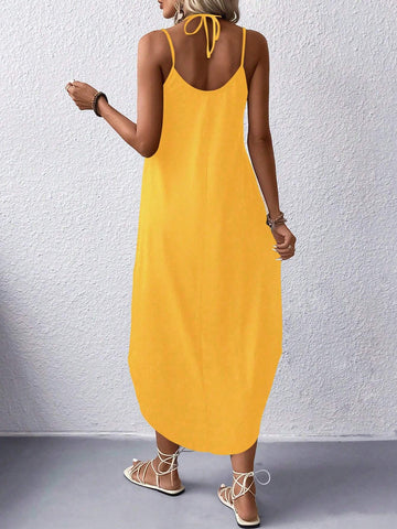 Women's Solid Color Asymmetrical Hem Spaghetti Strap Dress