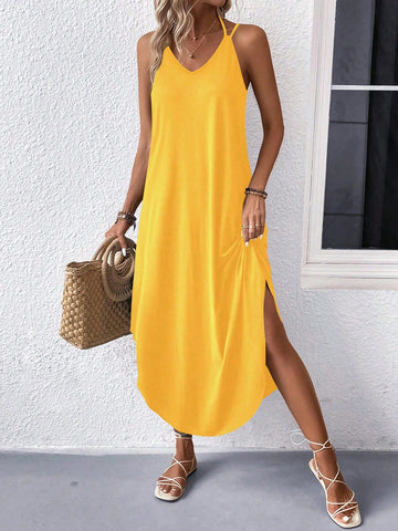 Women's Solid Color Asymmetrical Hem Spaghetti Strap Dress