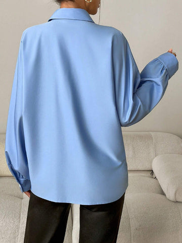 Solid Color Batwing Sleeve Single-Breasted Pocket Loose Casual Shirt,