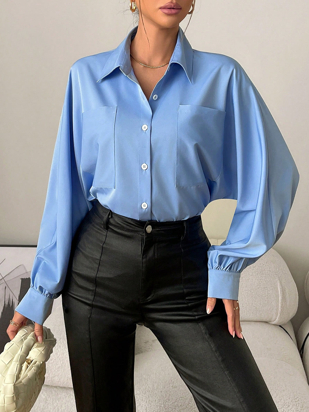 Solid Color Batwing Sleeve Single-Breasted Pocket Loose Casual Shirt,