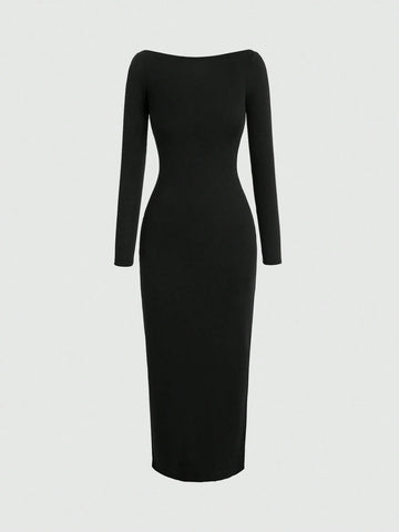 Women's Solid Color Boat Neck Long Sleeve Slim Fit Dress