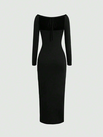 Women's Solid Color Boat Neck Long Sleeve Slim Fit Dress