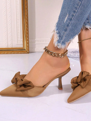 Women's Solid Color Bow Decor Fairy Style Pointed Toe High Heel Sandals, Unique Design,