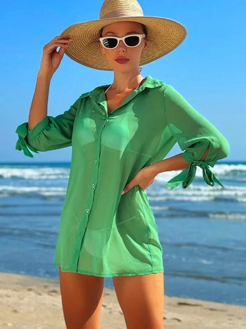 Women's Solid Color Button-Front Tie-Knot See-Through Vacation Casual Shirt