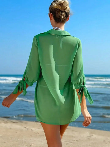 Women's Solid Color Button-Front Tie-Knot See-Through Vacation Casual Shirt