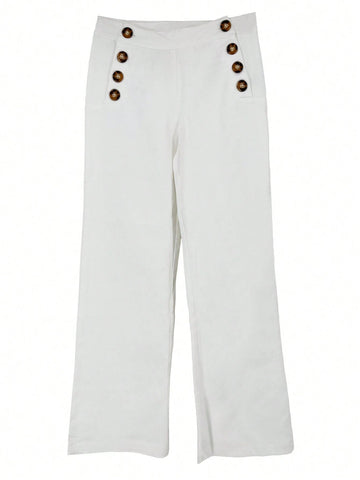 Women's Solid Color Button Design Pants With Pockets