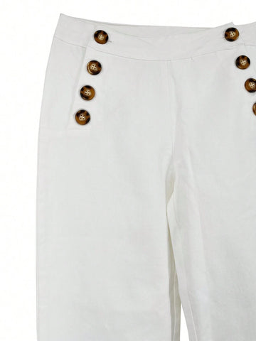Women's Solid Color Button Design Pants With Pockets