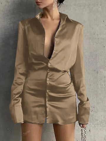 Women's Solid Color Button Front Long Sleeve Casual Short Dress