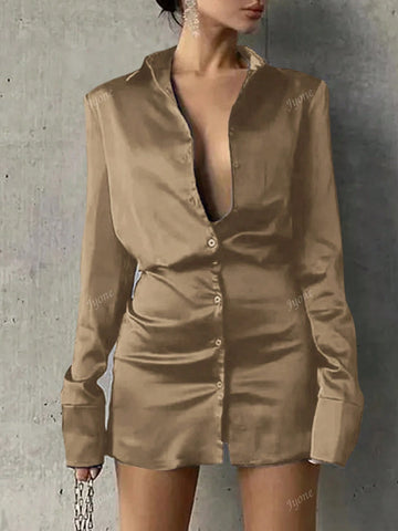 Women's Solid Color Button Front Long Sleeve Casual Short Dress