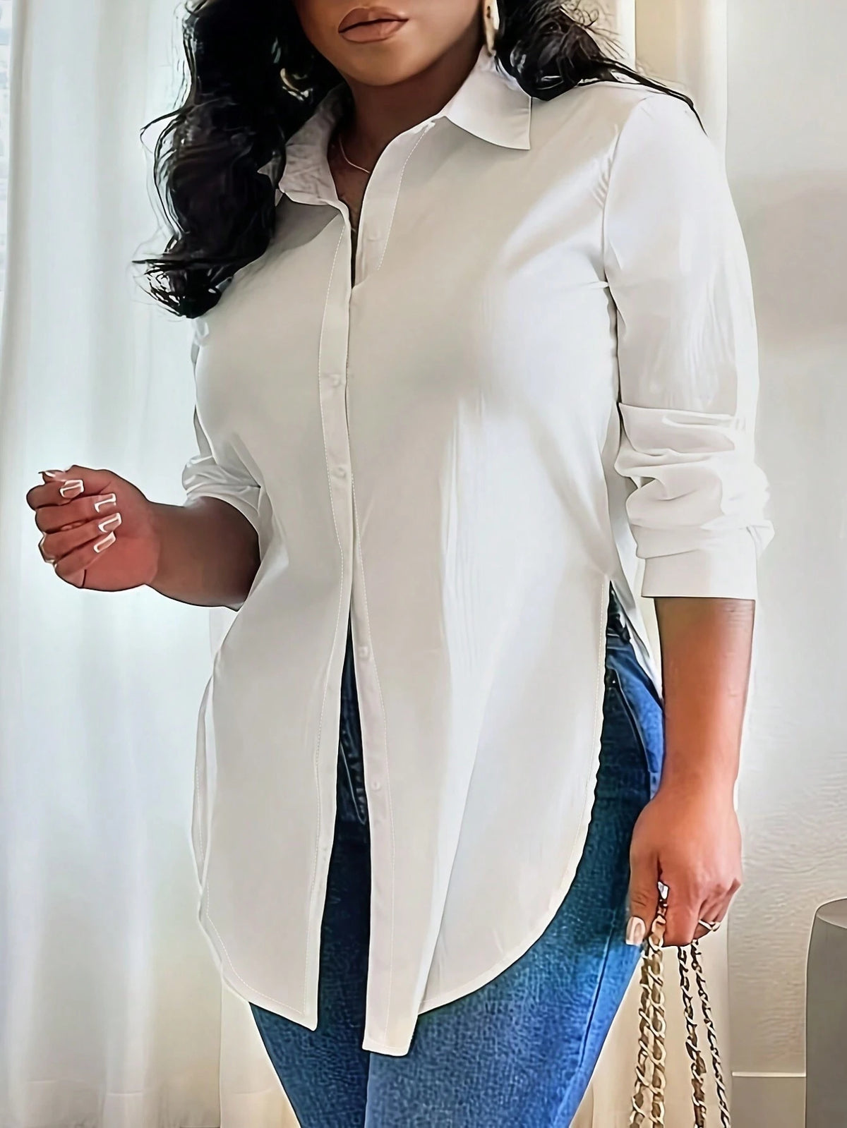 Women's Solid Color Button Front Split Hem Elegant Office Long Sleeve Blouse