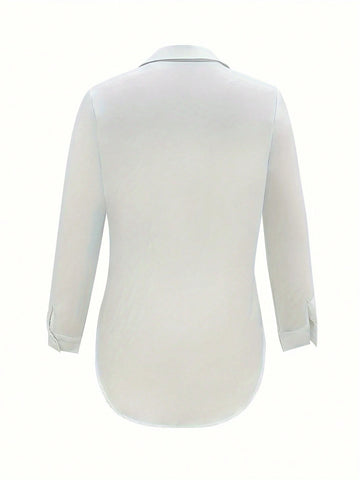 Women's Solid Color Button Front Split Hem Elegant Office Long Sleeve Blouse