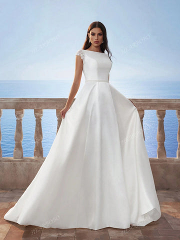 Women's Solid Color Cap-Sleeve Simple Off Shoulder Dress, Satin Elegant Wedding Party Evening Gown, White, Suitable For Formal Event And Everyday Wear