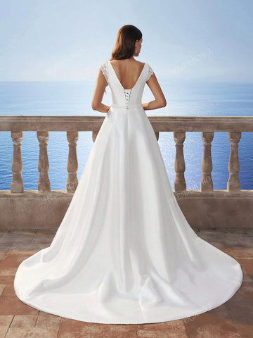 Women's Solid Color Cap-Sleeve Simple Off Shoulder Dress, Satin Elegant Wedding Party Evening Gown, White, Suitable For Formal Event And Everyday Wear