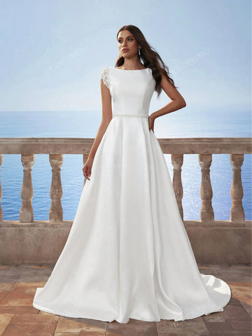 Women's Solid Color Cap-Sleeve Simple Off Shoulder Dress, Satin Elegant Wedding Party Evening Gown, White, Suitable For Formal Event And Everyday Wear