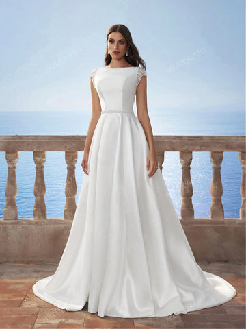 Women's Solid Color Cap-Sleeve Simple Off Shoulder Dress, Satin Elegant Wedding Party Evening Gown, White, Suitable For Formal Event And Everyday Wear